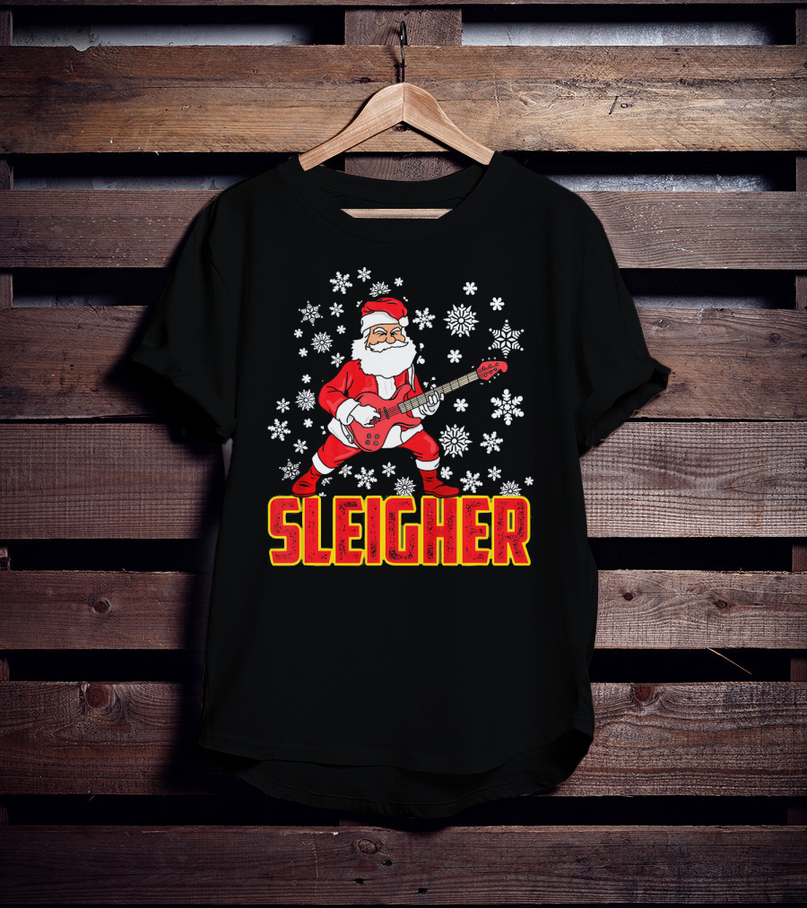 Sleigher Santa Claus With Guitar And Snowflakes T-Shirt