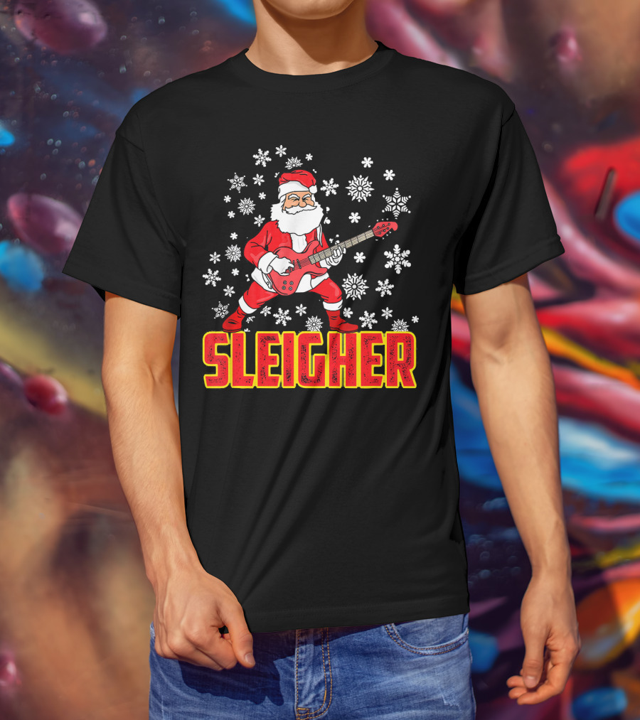 Sleigher Santa Claus With Guitar And Snowflakes T-Shirt