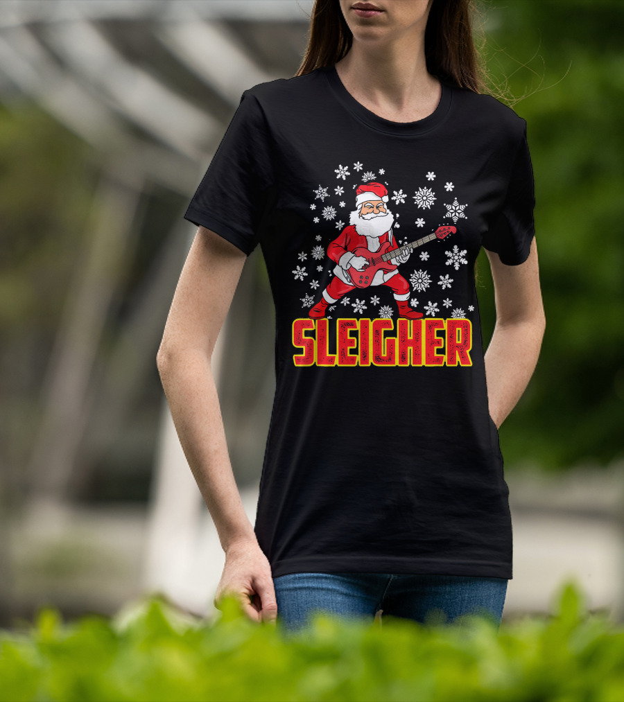 Sleigher Santa Claus With Guitar And Snowflakes T-Shirt