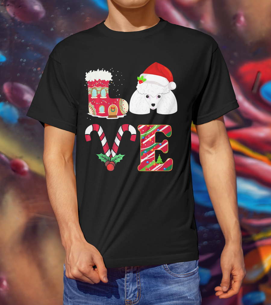 I Love My Poodle Funny Christmas Poodle Candy Cane Santa Hat Holiday Boot T-Shirt