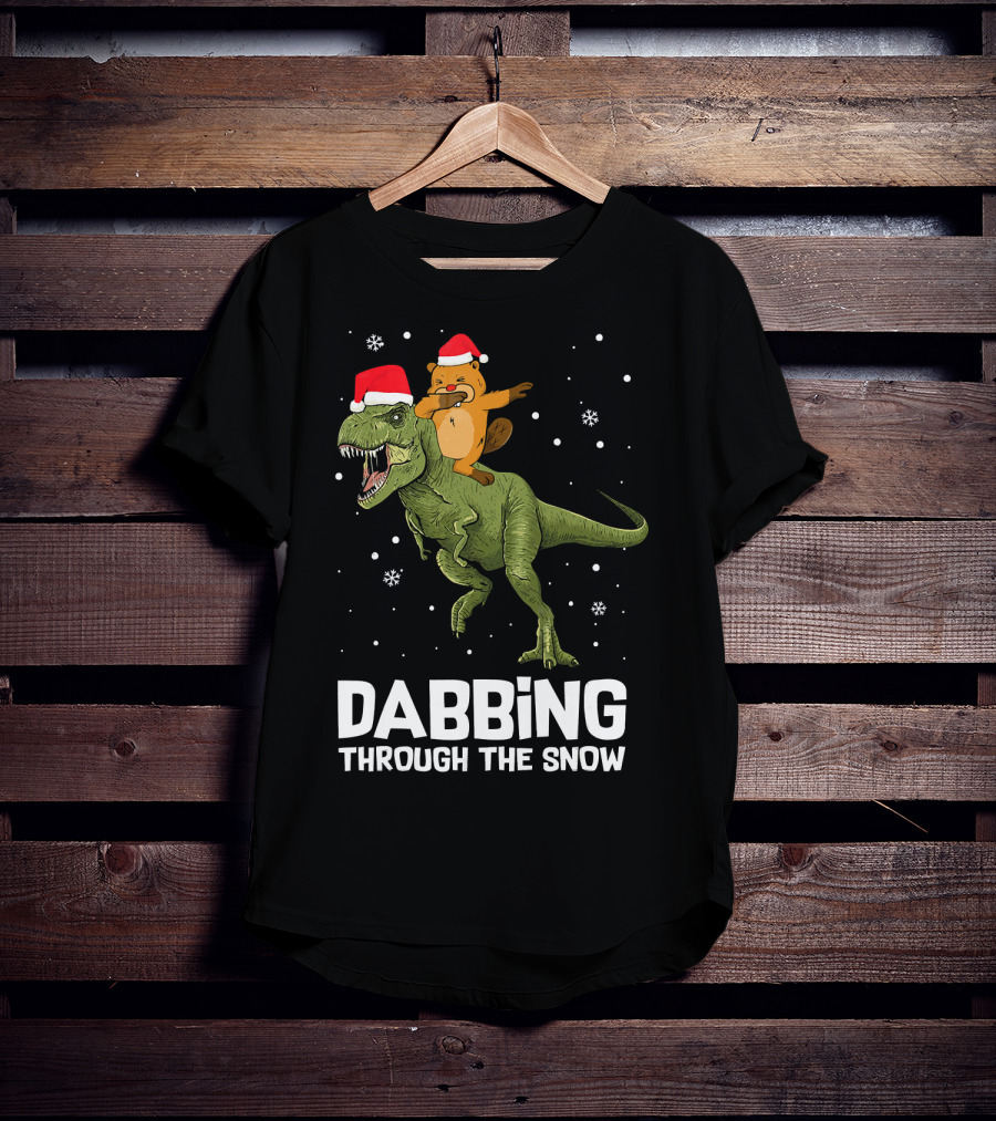 Beaver Dabbing On Dinosaur Wearing Santa Hats Dabbing Through The Snow T-Shirt