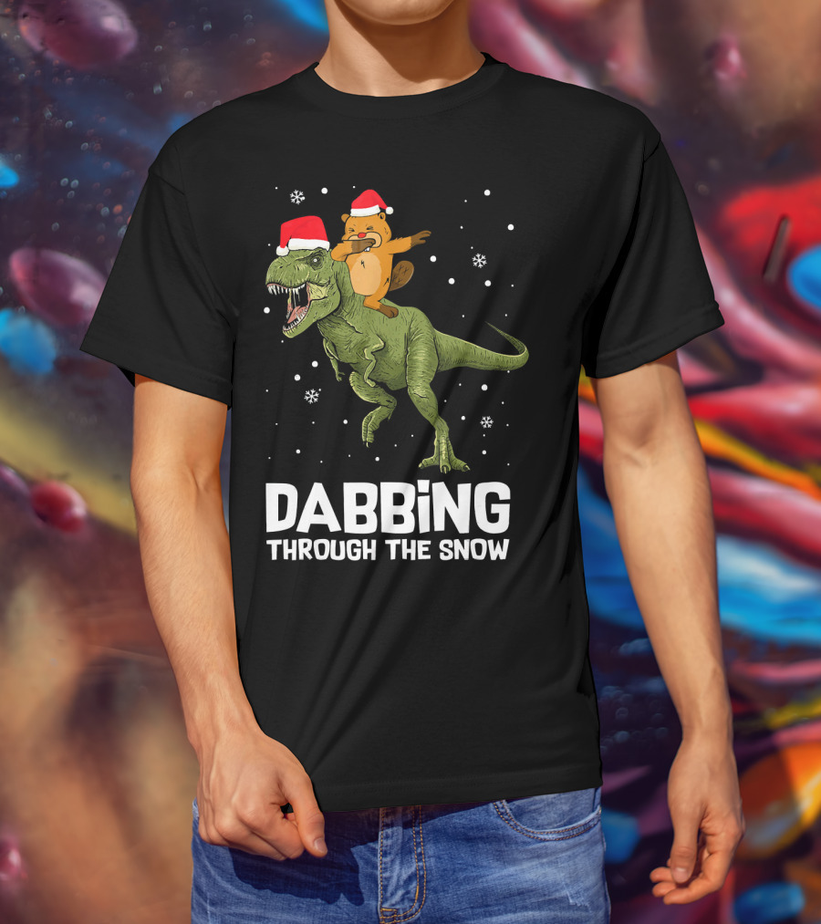 Beaver Dabbing On Dinosaur Wearing Santa Hats Dabbing Through The Snow T-Shirt
