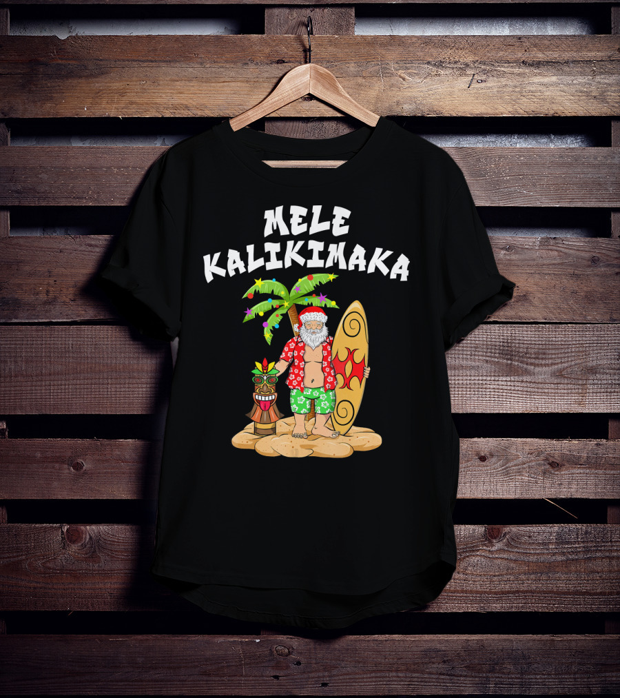 Mele Kalikimaka Santa With Surfboard And Tropical Tiki Palm Tree T-Shirt