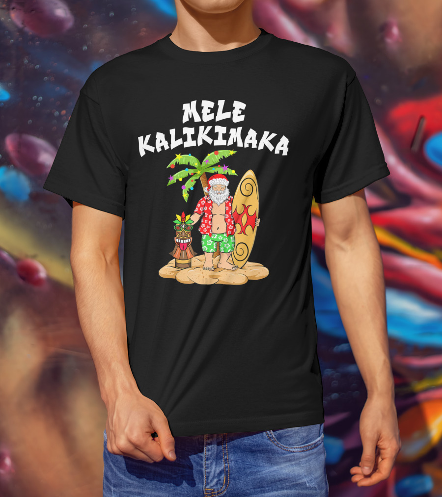 Mele Kalikimaka Santa With Surfboard And Tropical Tiki Palm Tree T-Shirt
