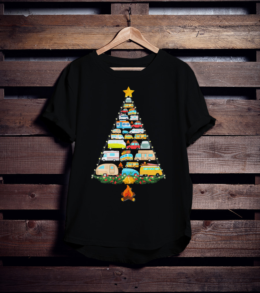Christmas Tree Made Of Colorful Camping Vehicles With Star And Campfire T-Shirt
