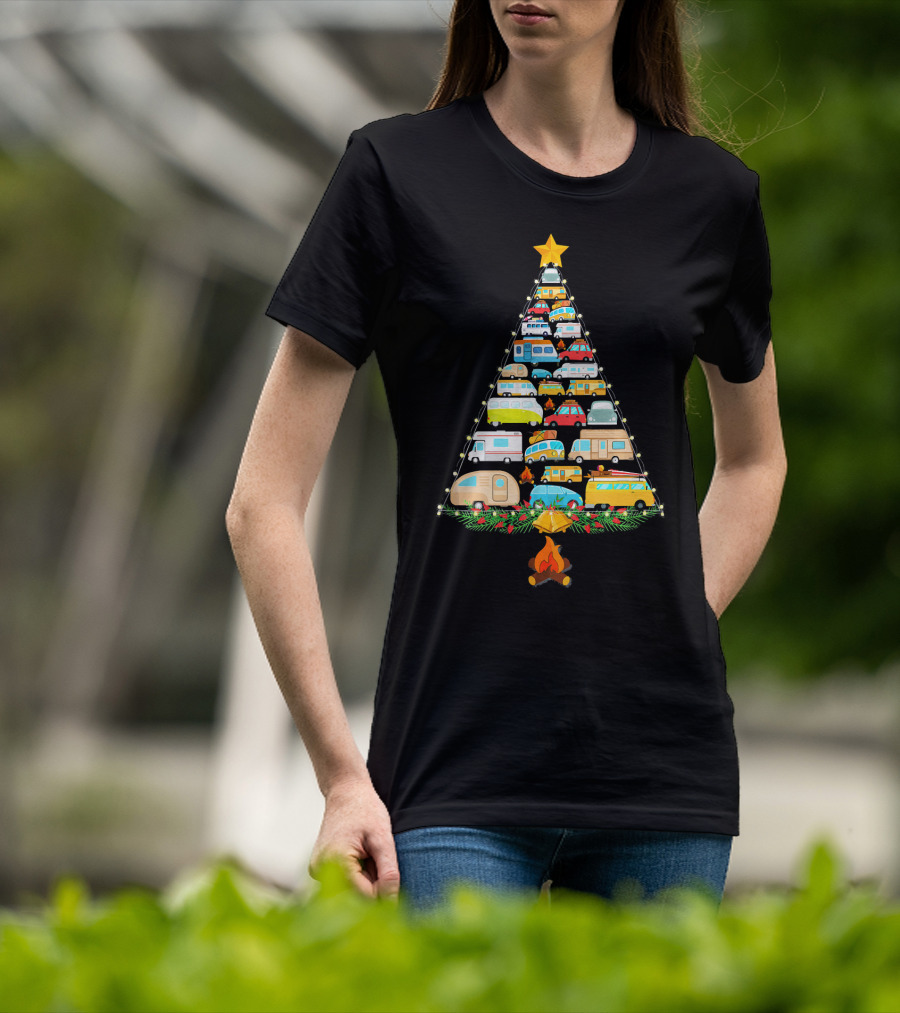 Christmas Tree Made Of Colorful Camping Vehicles With Star And Campfire T-Shirt