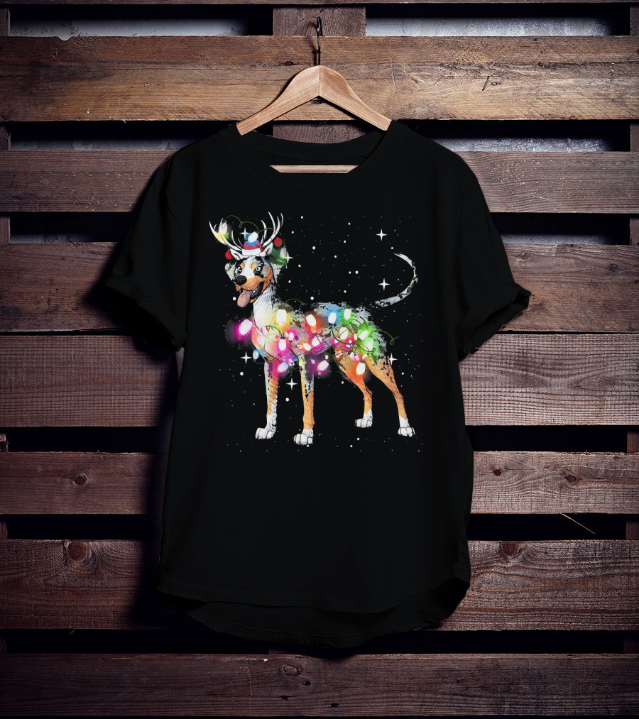 Festive Catahoula Leopard Dog With Christmas Lights And Reindeer Antlers T-Shirt