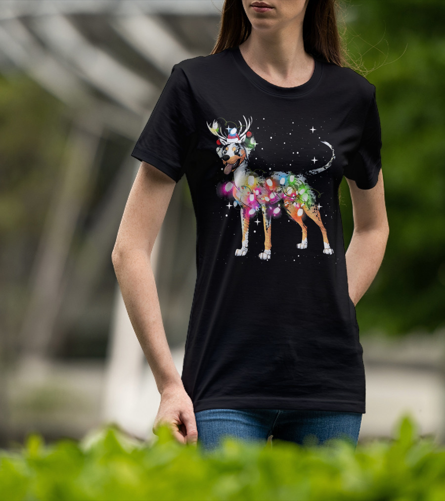 Festive Catahoula Leopard Dog With Christmas Lights And Reindeer Antlers T-Shirt