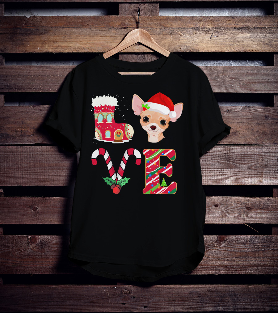 I Love My Chihuahua Christmas Theme With Santa Hat And Holiday Decorations T-Shirt