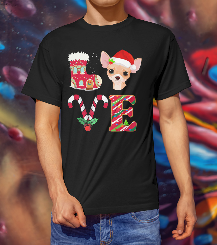 I Love My Chihuahua Christmas Theme With Santa Hat And Holiday Decorations T-Shirt