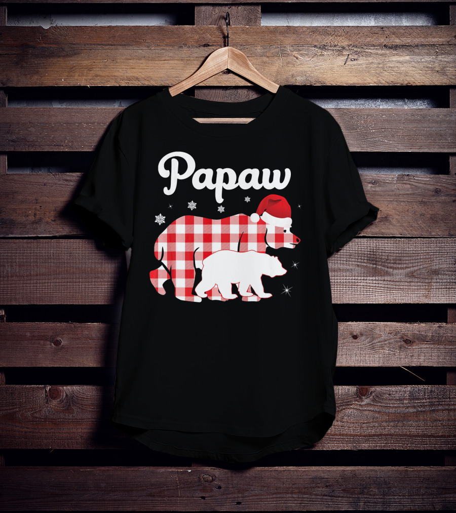 Papaw Red Plaid Bear Santa Hat Snowflakes Matching Family Pajama T-Shirt