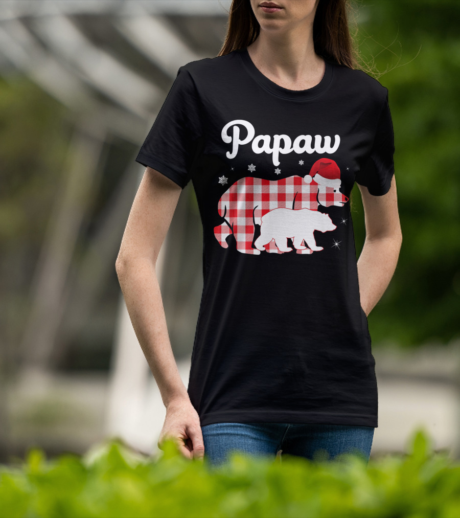 Papaw Red Plaid Bear Santa Hat Snowflakes Matching Family Pajama T-Shirt