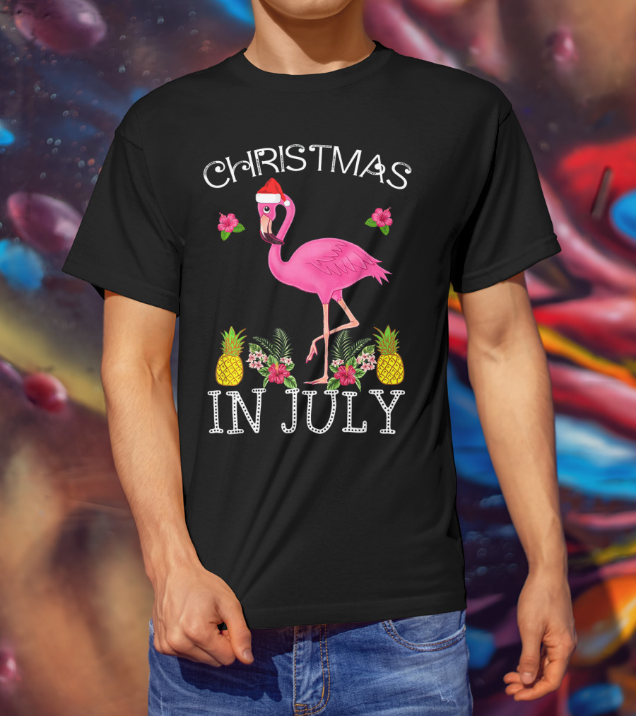 Christmas In July Pink Flamingo Santa Hat Pineapples Floral T-Shirt