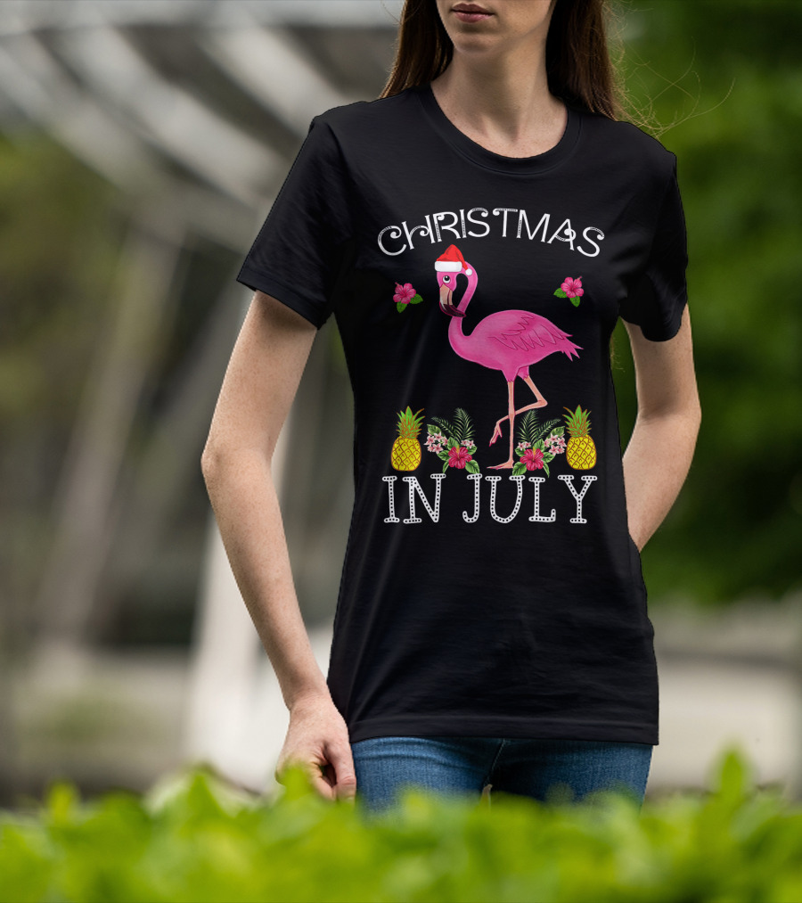 Christmas In July Pink Flamingo Santa Hat Pineapples Floral T-Shirt