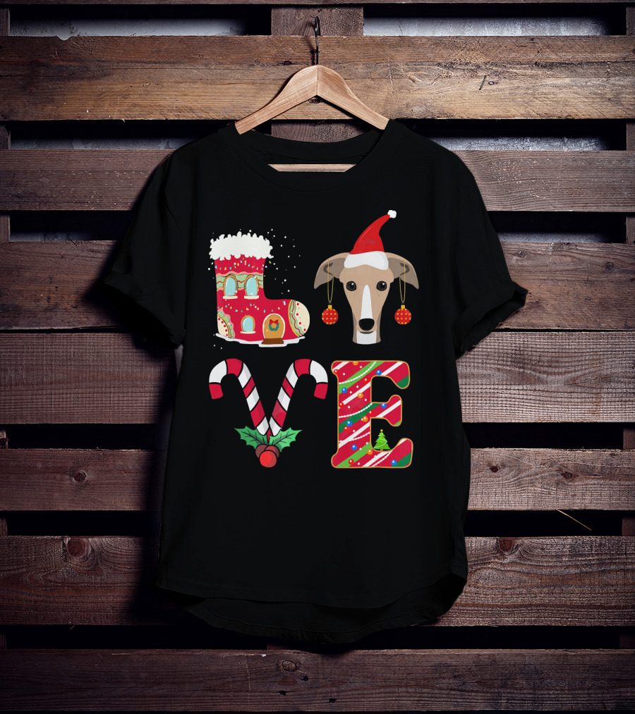 I Love My Greyhound Christmas Love Gingerbread Stocking Santa Hat Candy Cane Ornaments T-Shirt