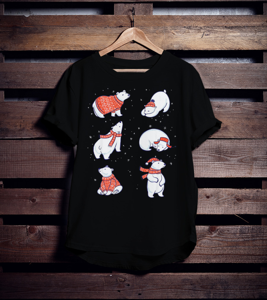 Cute Hand Drawn Polar Bear In Festive Red Sweaters And Scarves T-Shirt