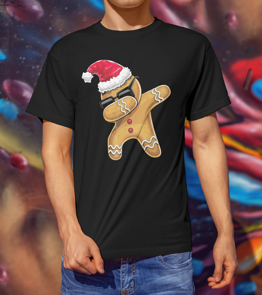 Santa Hat Dabbing Gingerbread Man Holiday Baking T-Shirt