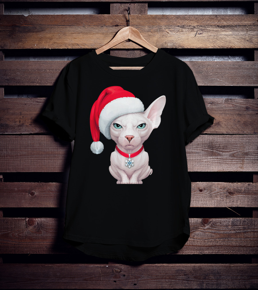 Sphynx Cat Santa Hat Christmas Holiday Festive Pet Charm T-Shirt