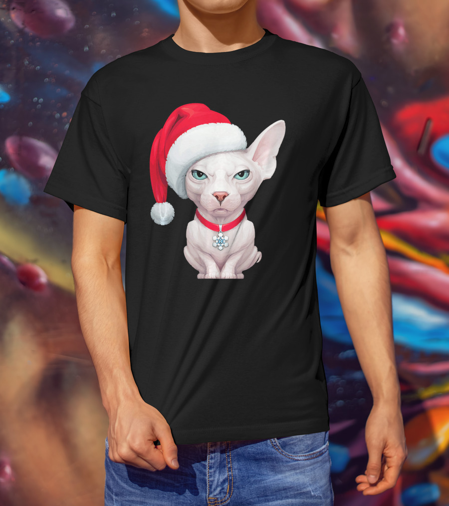 Sphynx Cat Santa Hat Christmas Holiday Festive Pet Charm T-Shirt