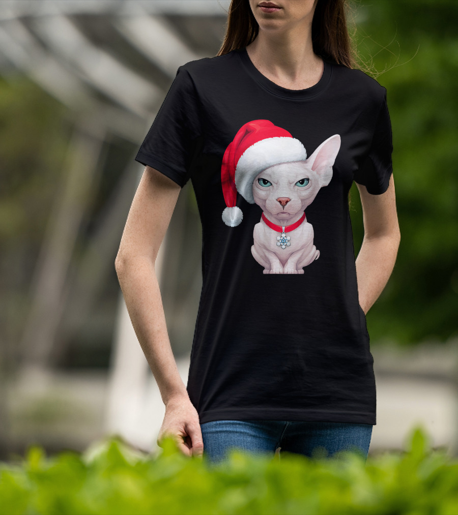 Sphynx Cat Santa Hat Christmas Holiday Festive Pet Charm T-Shirt