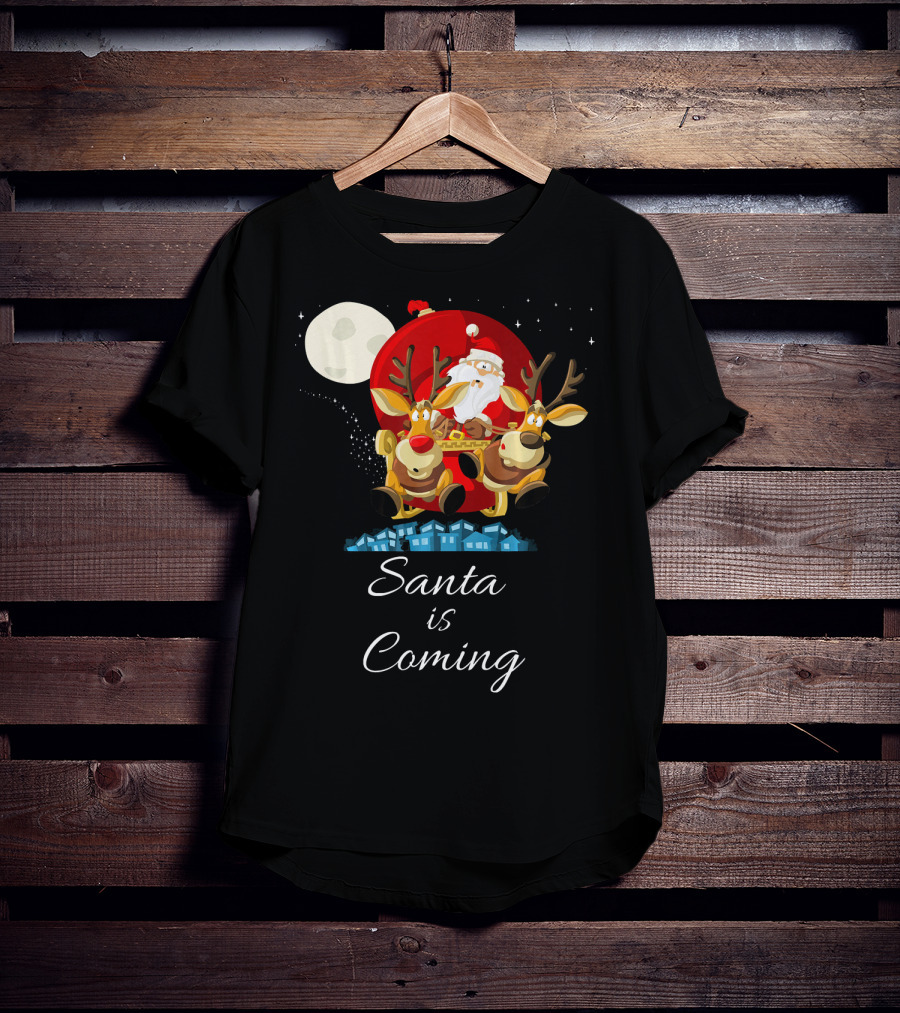 Santa Is Coming With Reindeer Sleigh Under The Moonlight T-Shirt