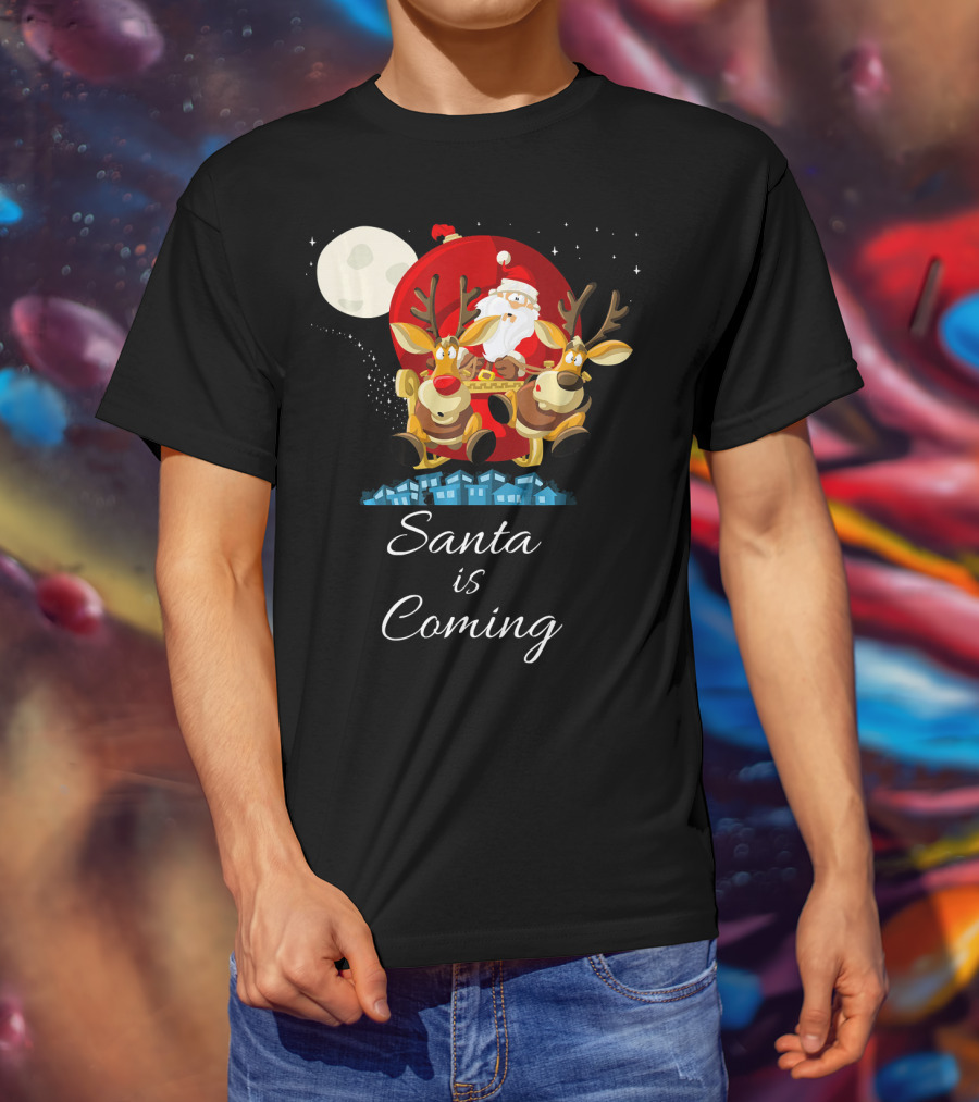 Santa Is Coming With Reindeer Sleigh Under The Moonlight T-Shirt