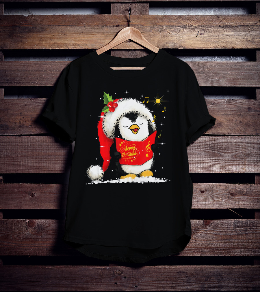 Tee89s Penguin Merry Christmas Song With Santa Hat And Music Notes T-Shirt
