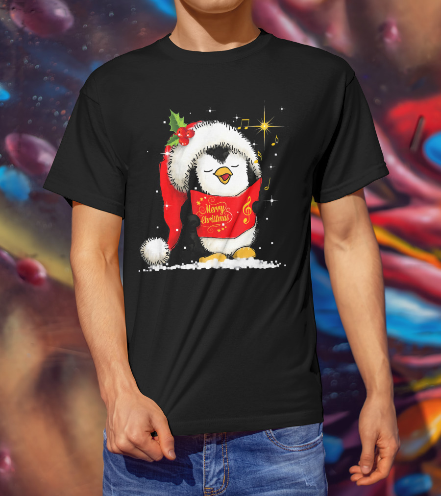 Tee89s Penguin Merry Christmas Song With Santa Hat And Music Notes T-Shirt