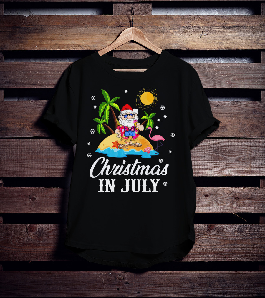 Christmas In July Flamingo Santa On Tropical Island With Palm Trees And Sun T-Shirt