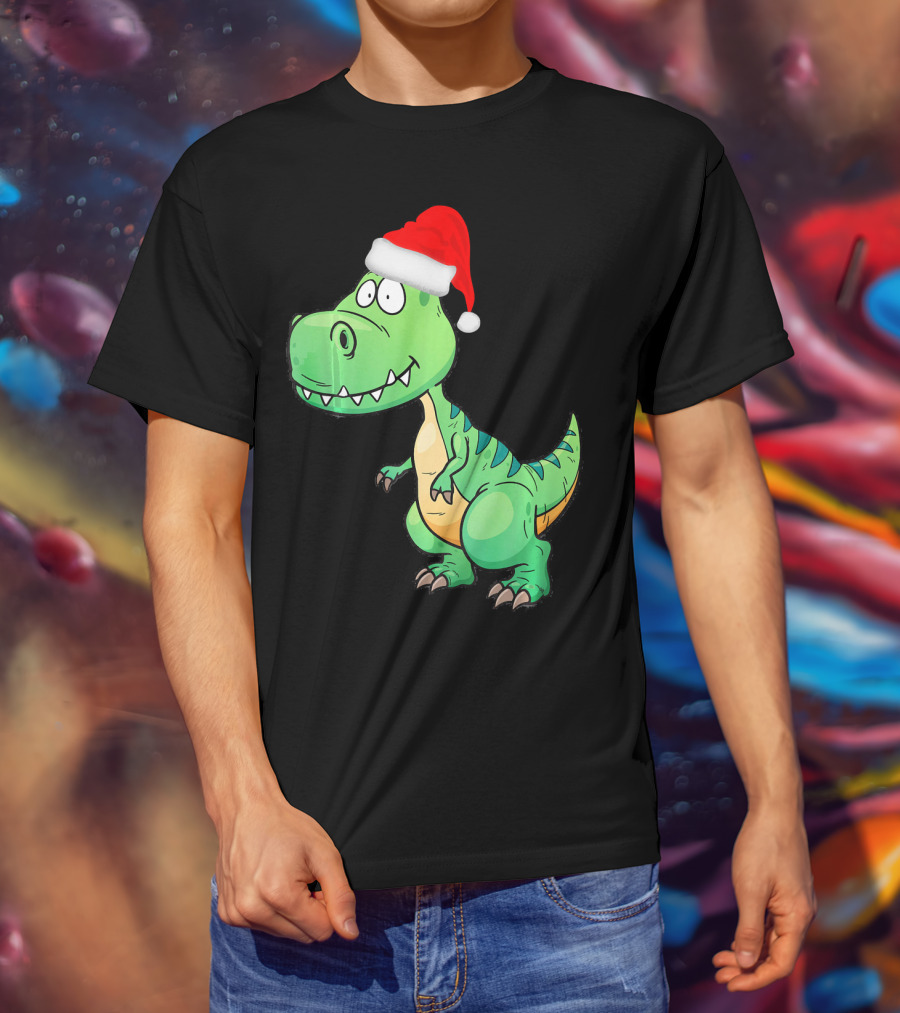 Santa Dinosaur Christmas T-Rex With Santa Hat T-Shirt