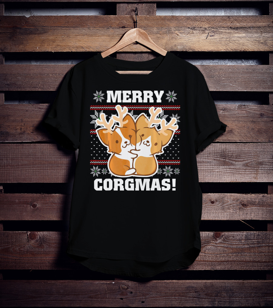 Merry Corgmas Ugly Christmas Sweater With Cute Corgis And Reindeer Antlers T-Shirt