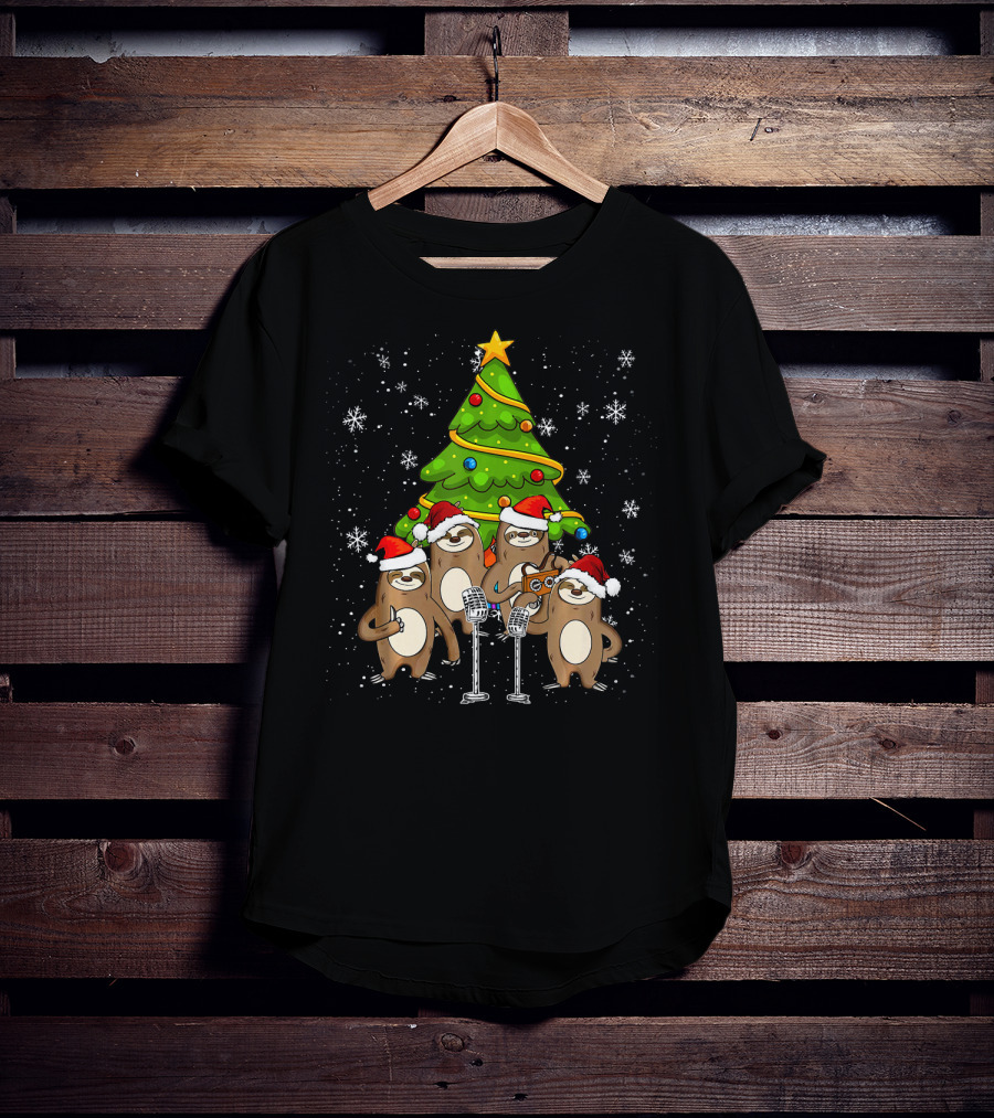 Santa Sloths Singing Festive Cheer Around Christmas Tree T-Shirt