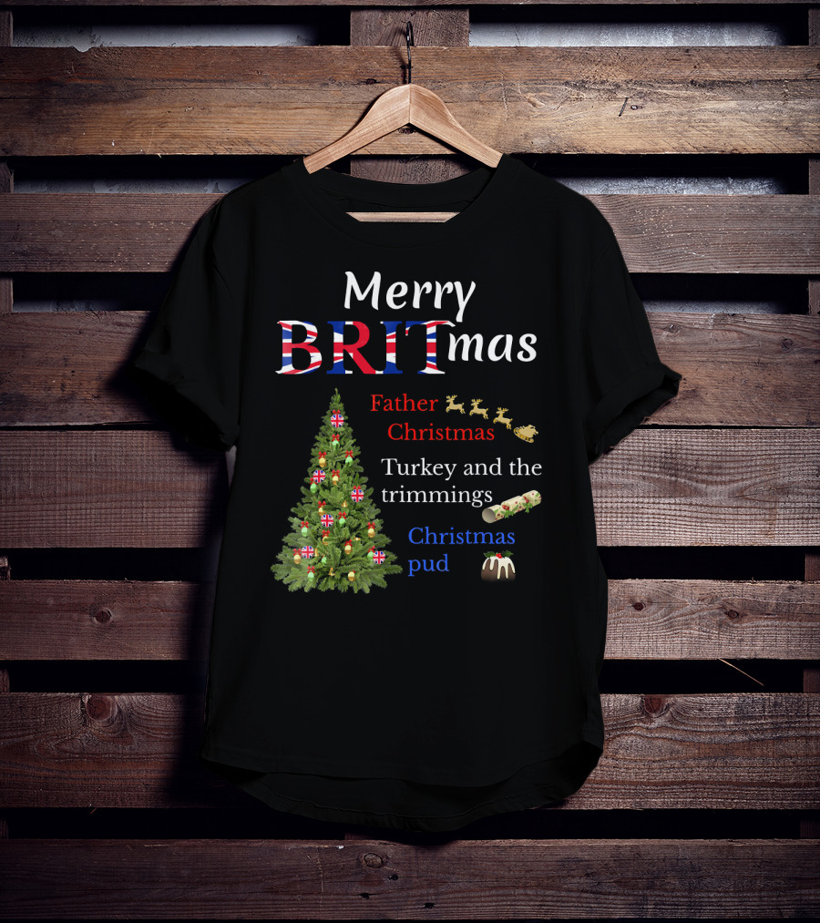Merry Britmas Father Christmas Turkey And Trimmings Christmas Pud T-Shirt