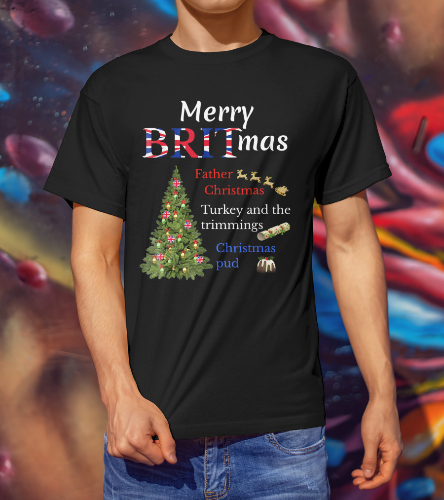 Merry Britmas Father Christmas Turkey And Trimmings Christmas Pud T-Shirt