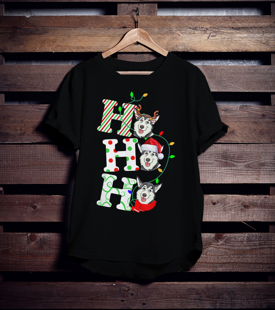 Ho Ho Ho Husky Santa Hat Reindeer Antlers Christmas Lights T-Shirt