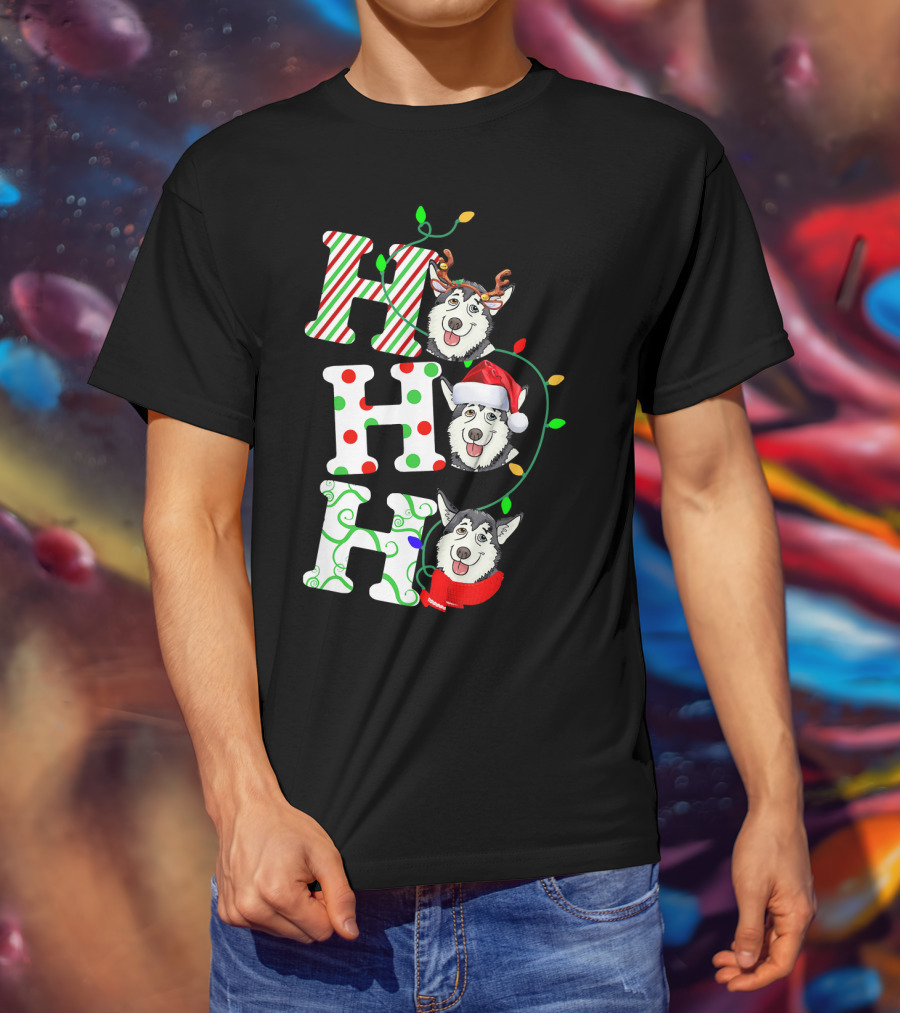 Ho Ho Ho Husky Santa Hat Reindeer Antlers Christmas Lights T-Shirt