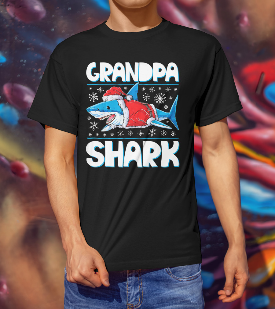 Grandpa Shark In Santa Hat With Snowflakes T-Shirt