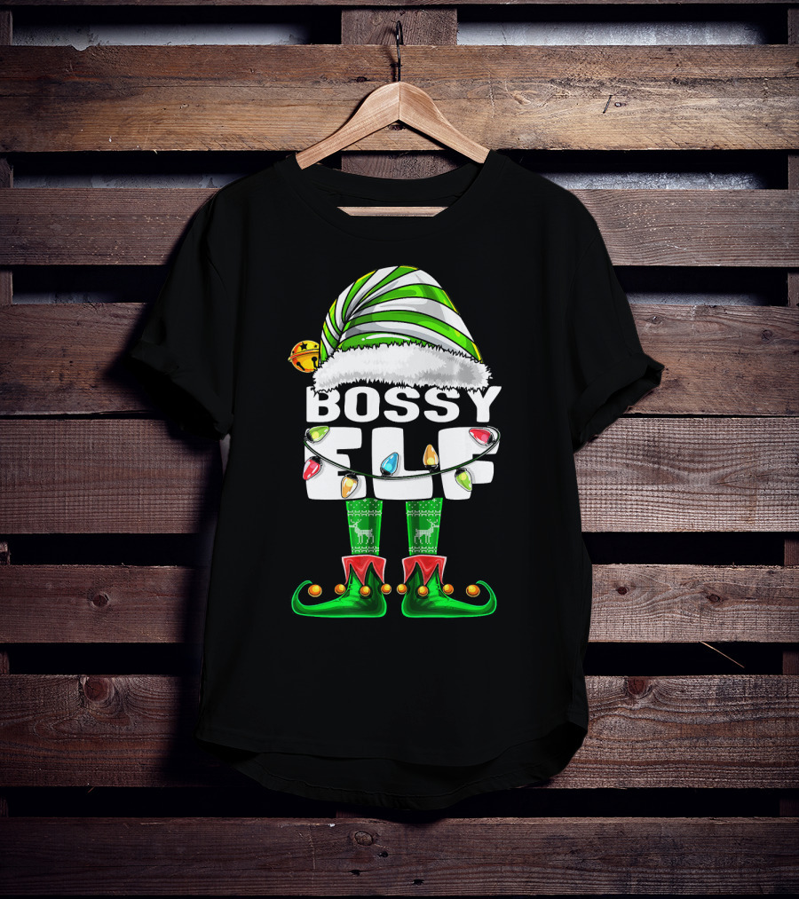 Bossy Elf Christmas Family Matching With Hat And Lights T-Shirt