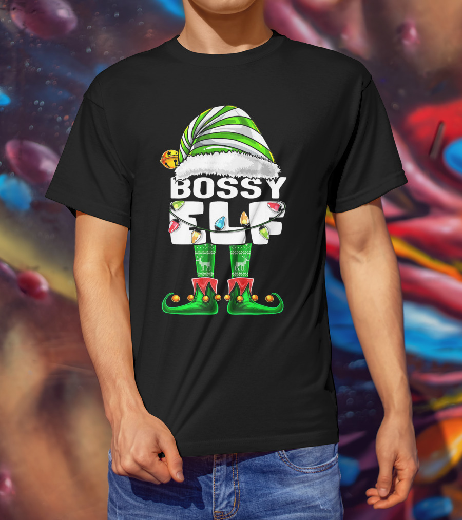 Bossy Elf Christmas Family Matching With Hat And Lights T-Shirt