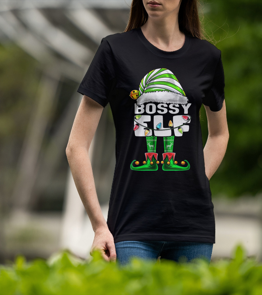 Bossy Elf Christmas Family Matching With Hat And Lights T-Shirt