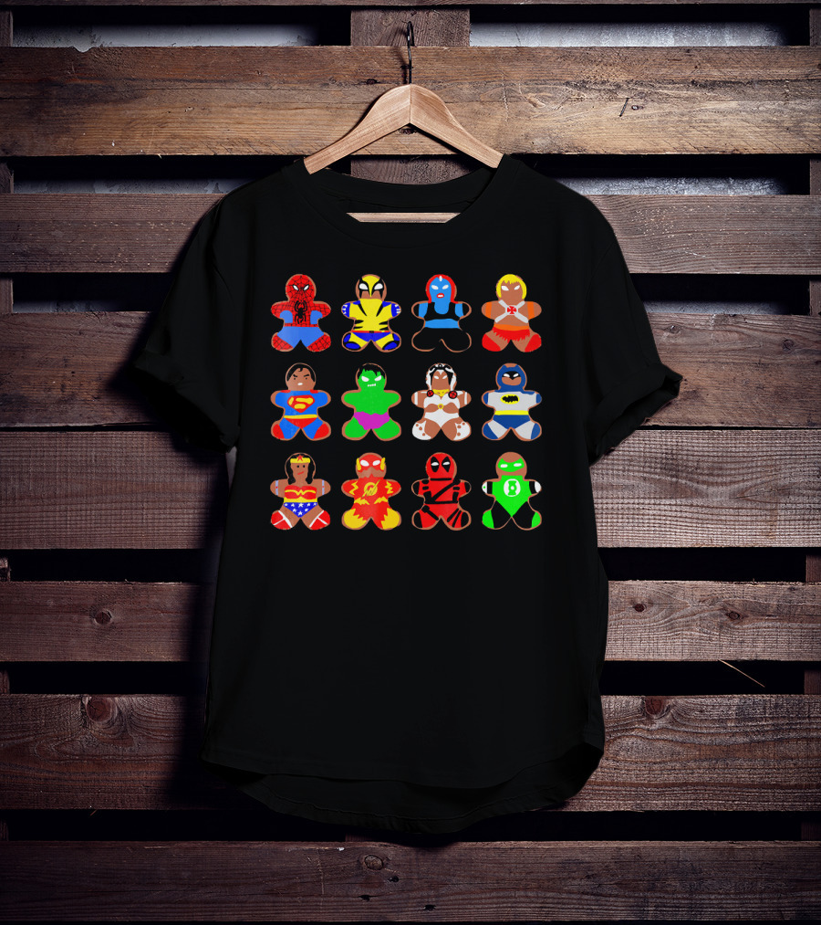 Superhero Gingerbread Man Spider-Man Wolverine Mystique Iron Man Superman Hulk Wonder Woman Flash Deadpool Batman Green Lantern T-Shirt