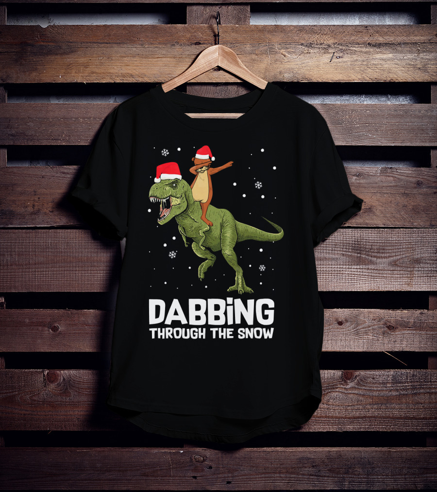 Dabbing Through The Snow Otter Rides Dinosaur Santa Hats T-Shirt