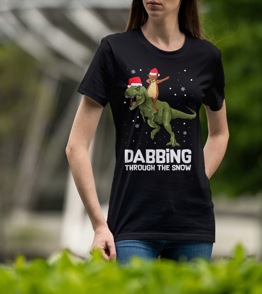 Dabbing Through The Snow Otter Rides Dinosaur Santa Hats T-Shirt