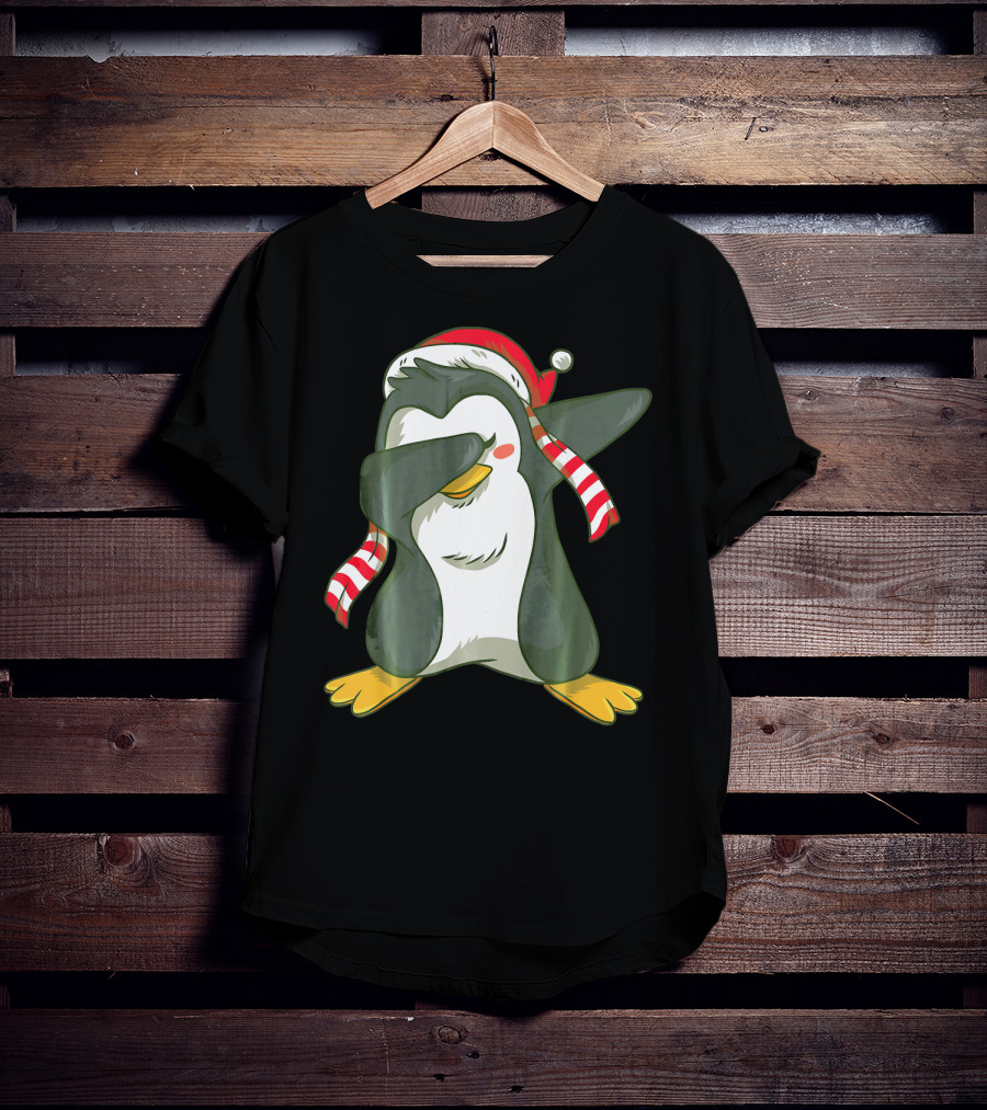 Dabbing Penguin In Santa Hat With Striped Scarf T-Shirt