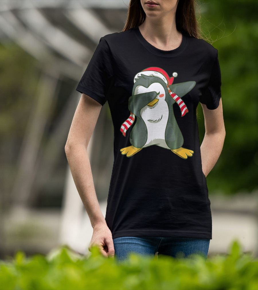Dabbing Penguin In Santa Hat With Striped Scarf T-Shirt