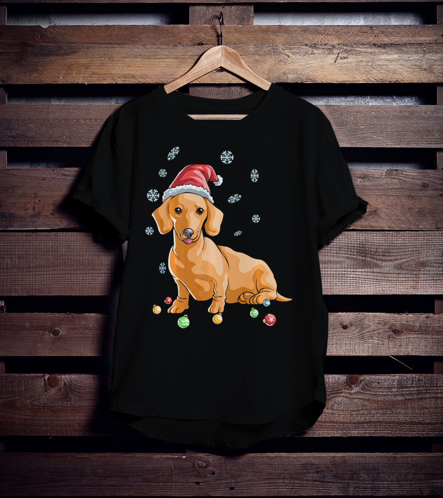 Wiener Dog Dachshund Puppy Santa Hat Snowflakes Holiday T-Shirt