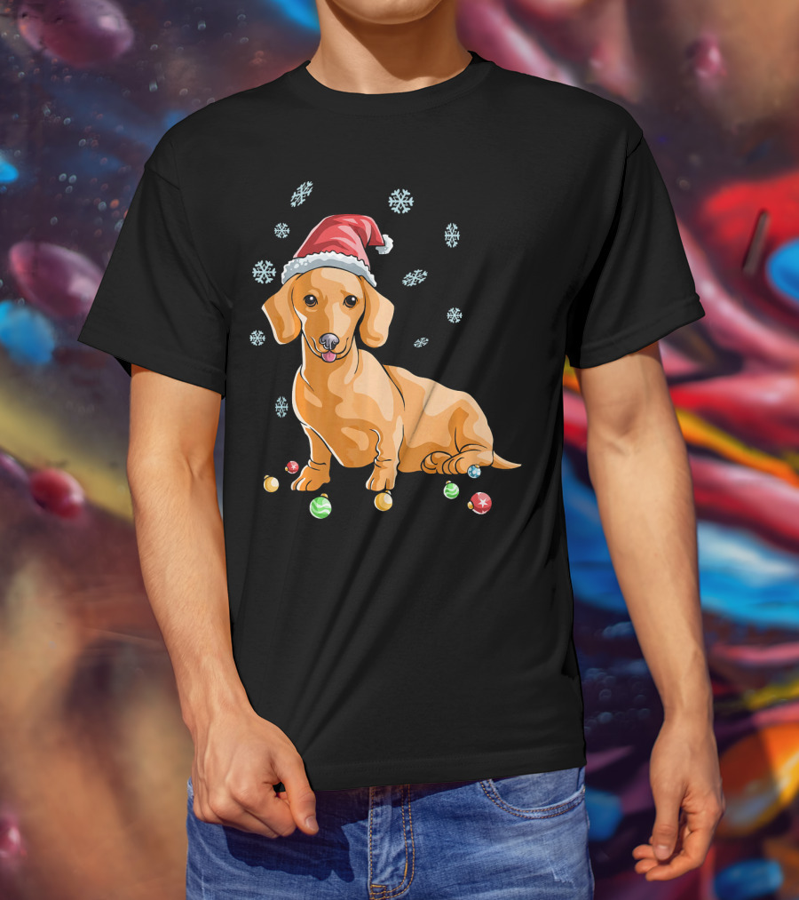 Wiener Dog Dachshund Puppy Santa Hat Snowflakes Holiday T-Shirt