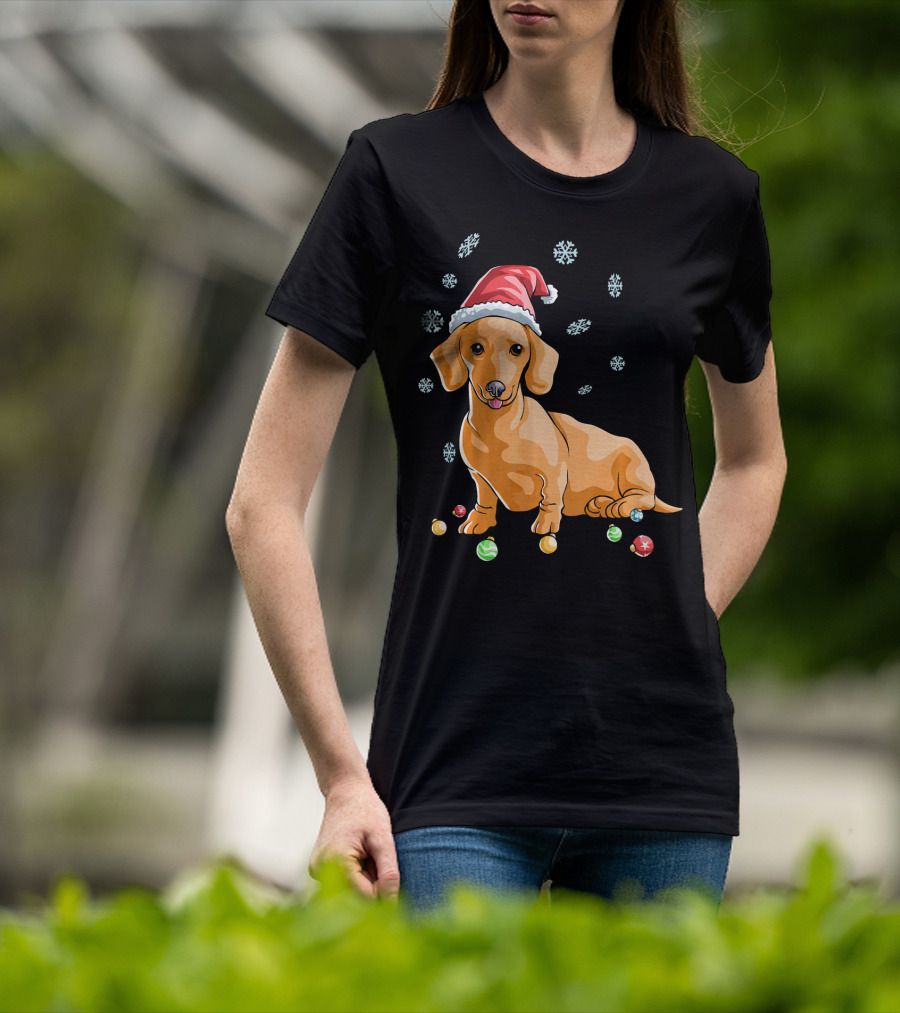 Wiener Dog Dachshund Puppy Santa Hat Snowflakes Holiday T-Shirt