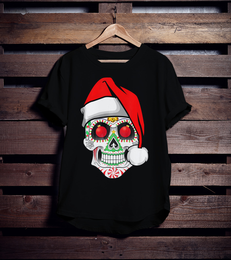 Jingle Jangle Christmas Sugar Skull Santa Hat Peppermint T-Shirt