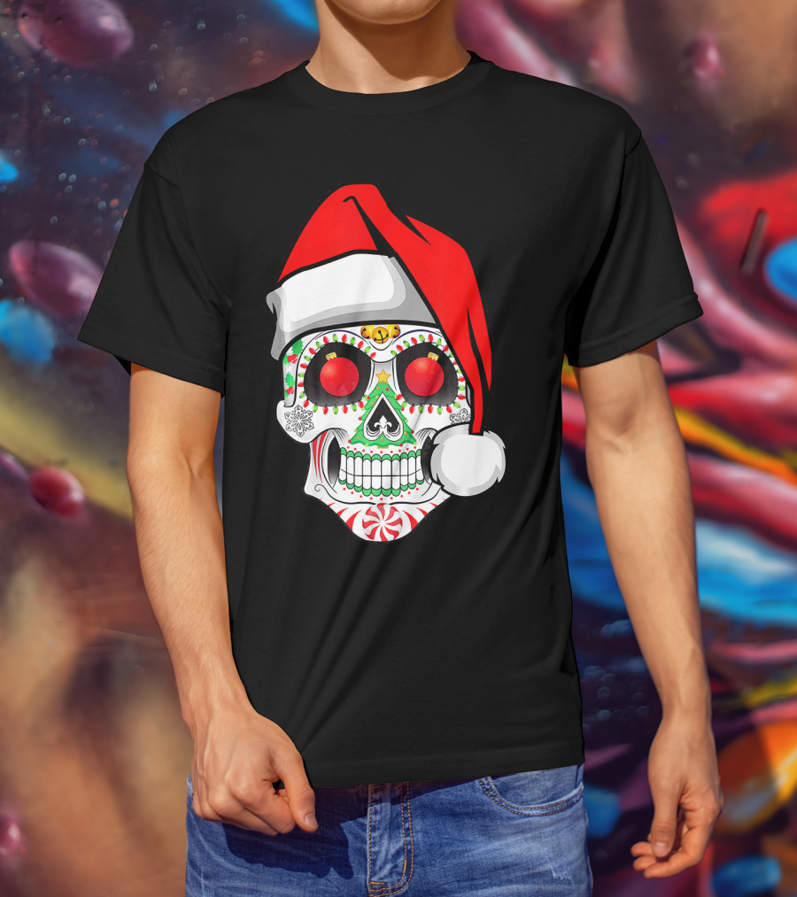 Jingle Jangle Christmas Sugar Skull Santa Hat Peppermint T-Shirt